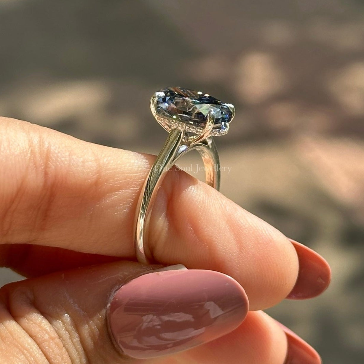 Grey Moissanite Engagement Ring, Oval Cut Moissanite Ring, Gray Diamond Ring, Bridal Ring, Hidden Halo Ring, Anniversary Gifts for Her