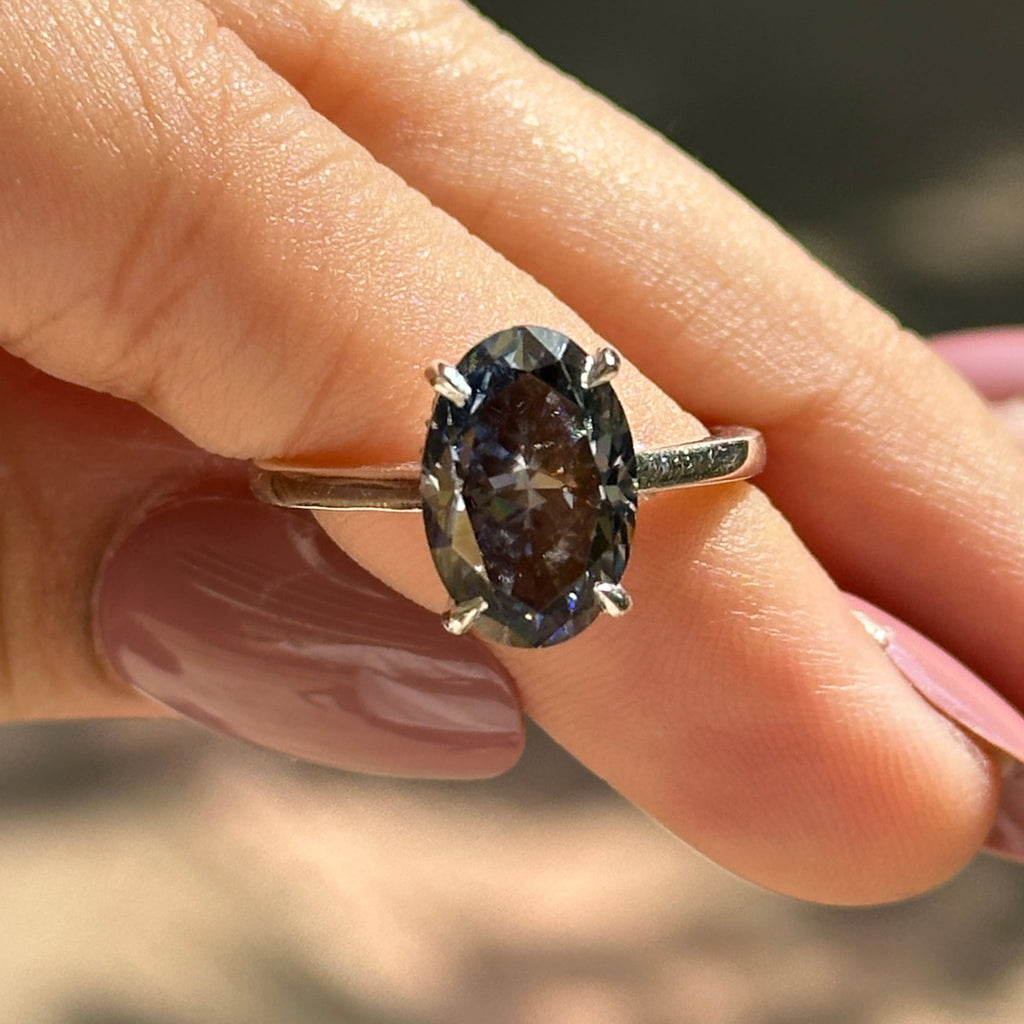 Grey Moissanite Engagement Ring, Oval Cut Moissanite Ring, Gray Diamond Ring, Bridal Ring, Hidden Halo Ring, Anniversary Gifts for Her