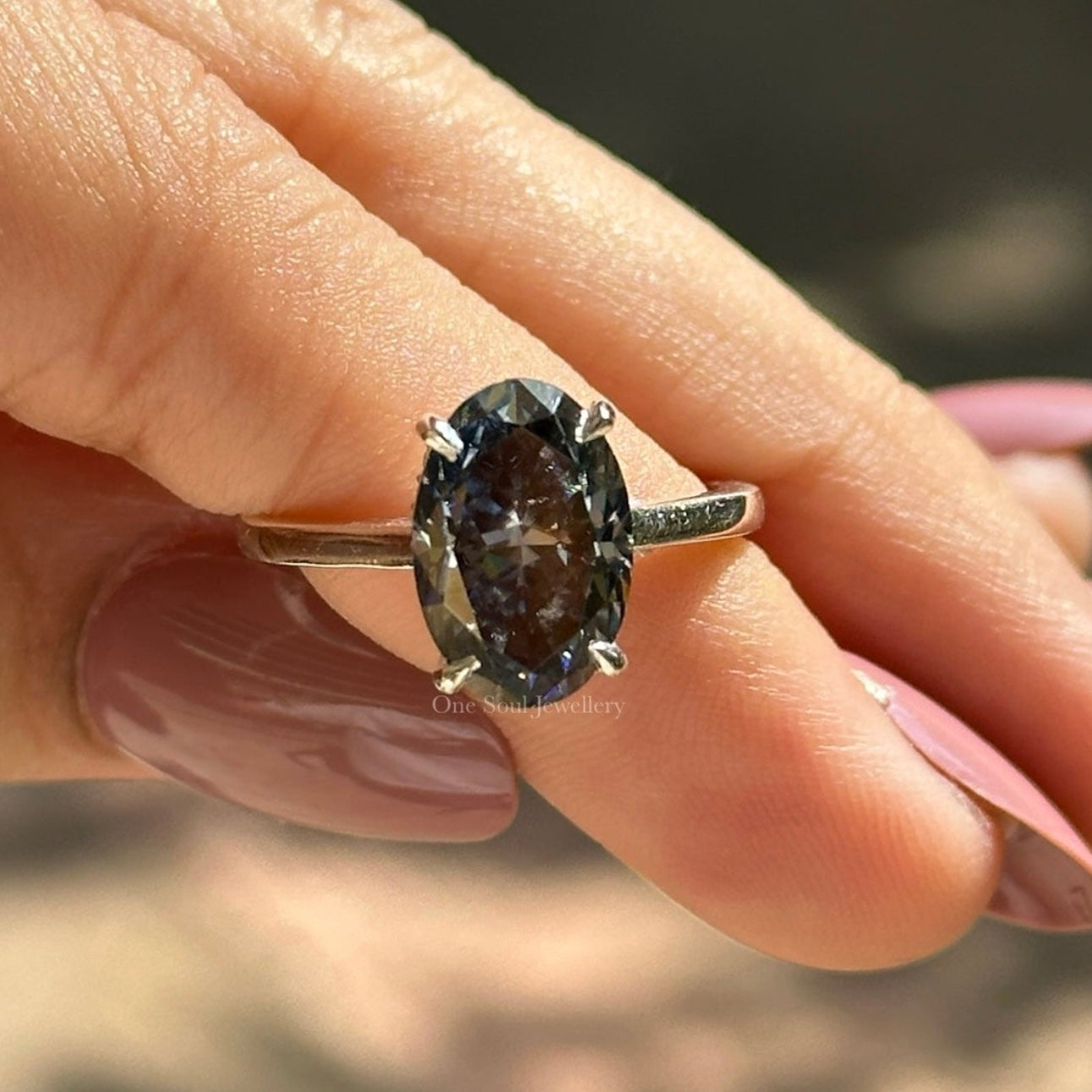 Grey Moissanite Engagement Ring, Oval Cut Moissanite Ring, Gray Diamond Ring, Bridal Ring, Hidden Halo Ring, Anniversary Gifts for Her