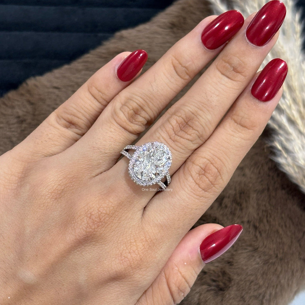 Oval Cut Lab Diamond Engagement Ring, Big Oval Cut Halo Wedding Ring, IGI Certified, Halo Split Shank Ring, White Gold Proposal Ring