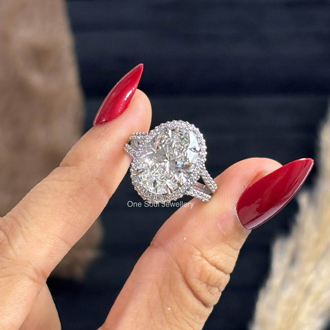 Oval Cut Lab Diamond Engagement Ring, Big Oval Cut Halo Wedding Ring, IGI Certified, Halo Split Shank Ring, White Gold Proposal Ring