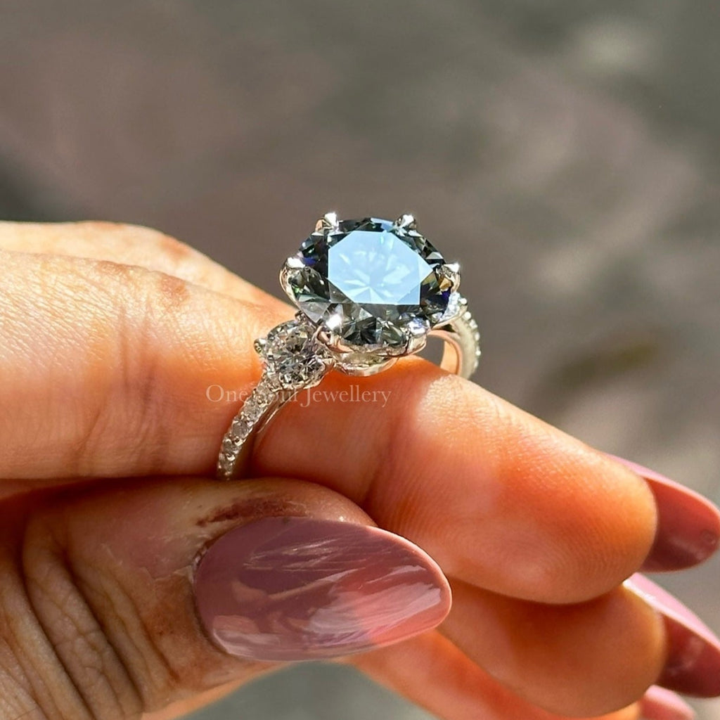 Grey Round Cut Moissanite Engagement Ring, Three Stone Wedding Ring, Side Stone Round Cut, Proposal Ring for Her, Celebrity Style Ring