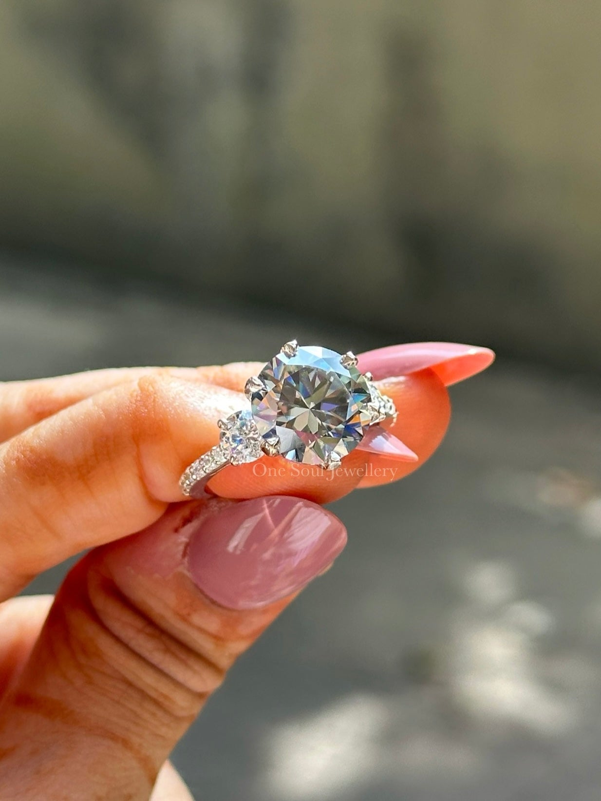 Grey Round Cut Moissanite Engagement Ring, Three Stone Wedding Ring, Side Stone Round Cut, Proposal Ring for Her, Celebrity Style Ring