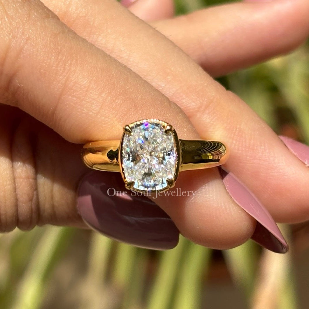 Vintage Georgian Style Cushion Moissanite Ring, 2.50 CT Cushion Moissanite Engagement Ring, Thick Band Ring, Yellow Gold Proposal Ring