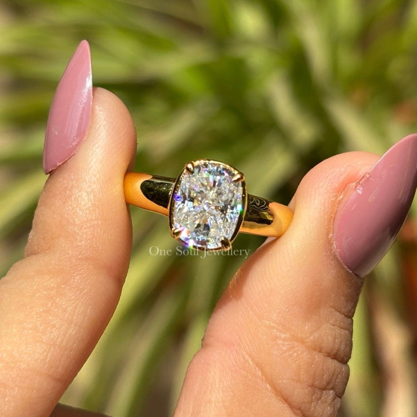 Vintage Georgian Style Cushion Moissanite Ring, 2.50 CT Cushion Moissanite Engagement Ring, Thick Band Ring, Yellow Gold Proposal Ring
