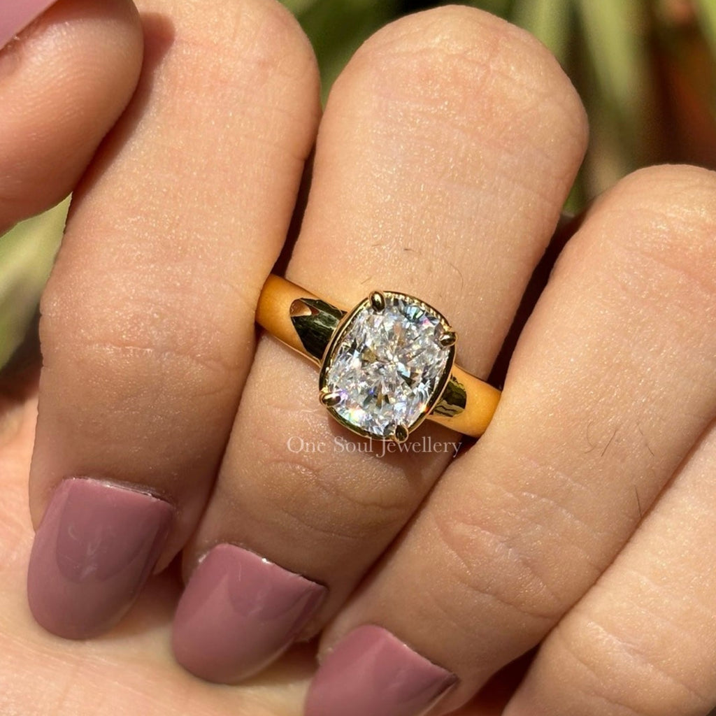 Vintage Georgian Style Cushion Moissanite Ring, 2.50 CT Cushion Moissanite Engagement Ring, Thick Band Ring, Yellow Gold Proposal Ring