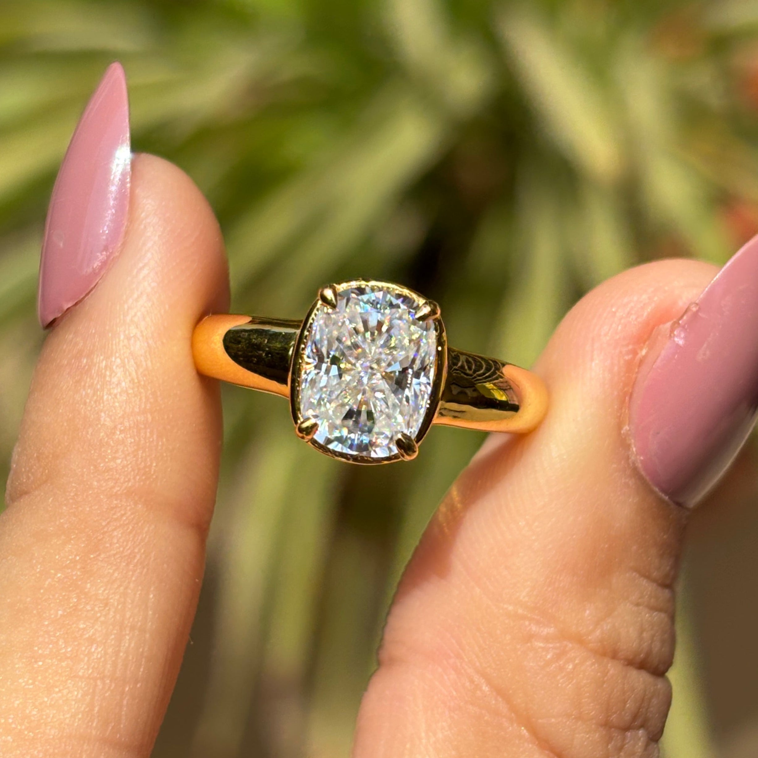 Vintage Georgian Style Cushion Moissanite Ring, 2.50 CT Cushion Moissanite Engagement Ring, Thick Band Ring, Yellow Gold Proposal Ring