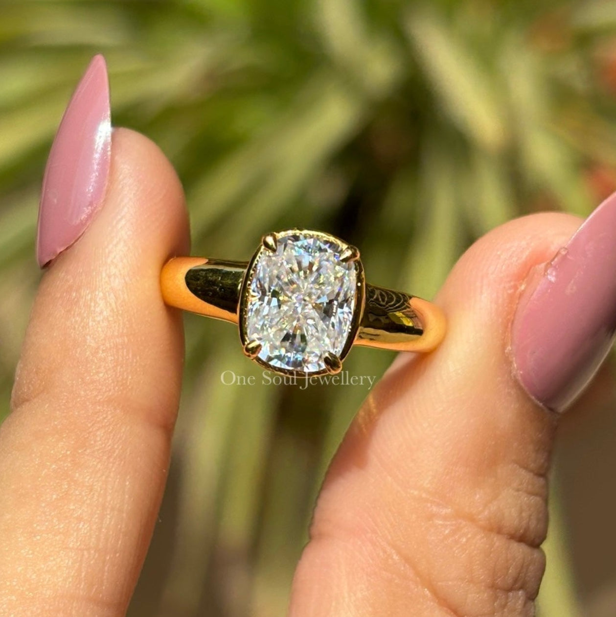 Vintage Georgian Style Cushion Moissanite Ring, 2.50 CT Cushion Moissanite Engagement Ring, Thick Band Ring, Yellow Gold Proposal Ring