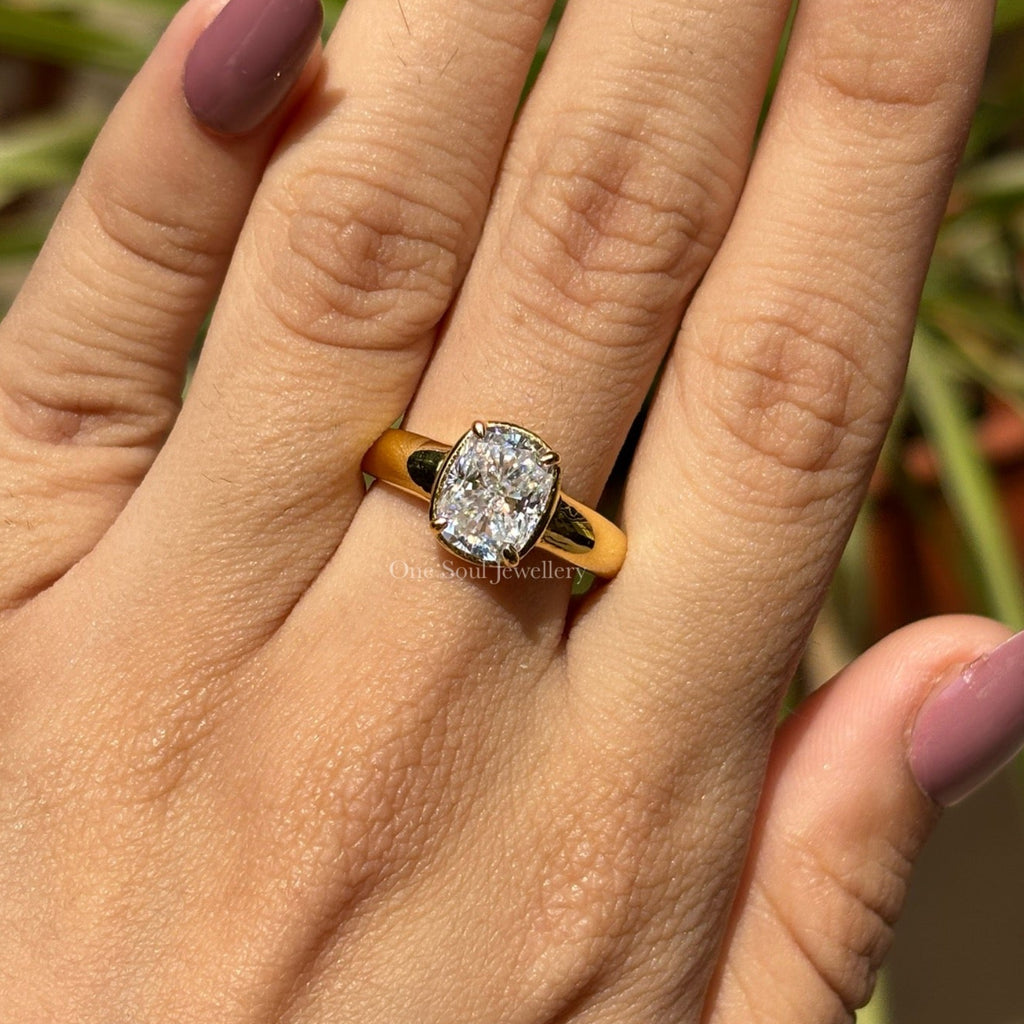 Vintage Georgian Style Cushion Moissanite Ring, 2.50 CT Cushion Moissanite Engagement Ring, Thick Band Ring, Yellow Gold Proposal Ring
