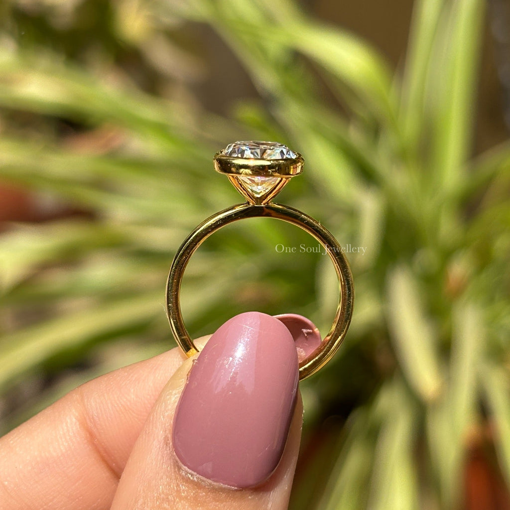 Bezel Set Cushion Moissanite Ring, 3.00 CT Colorless Cushion Engagement Ring, Yellow Gold Solitaire Ring, Proposal Ring, Anniversary Gifts