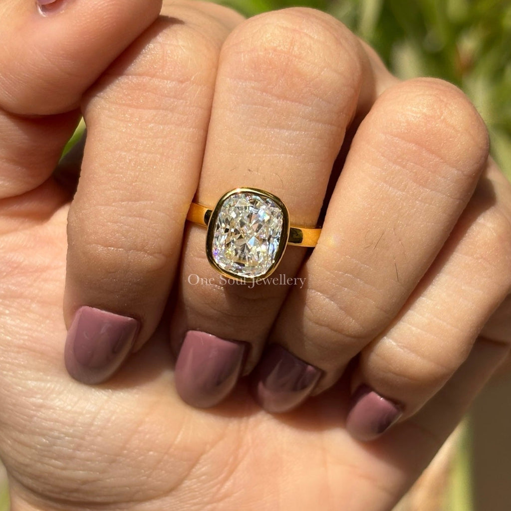 Bezel Set Cushion Moissanite Ring, 3.00 CT Colorless Cushion Engagement Ring, Yellow Gold Solitaire Ring, Proposal Ring, Anniversary Gifts