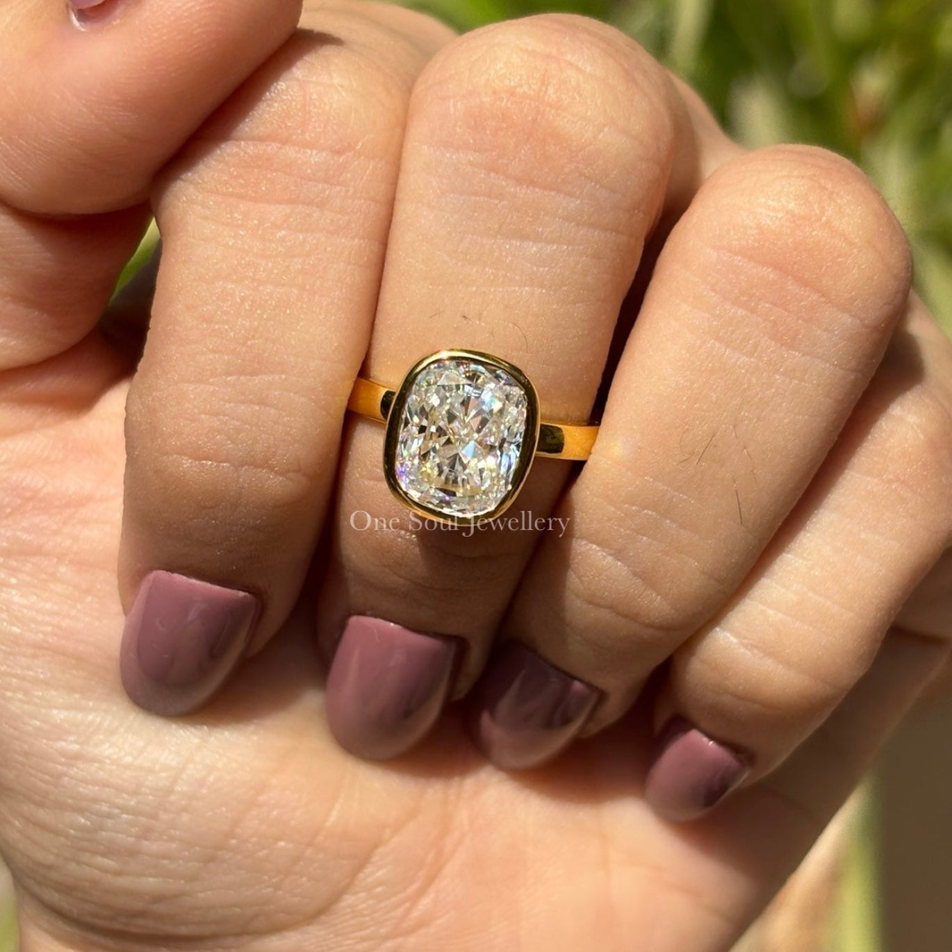 Bezel Set Cushion Moissanite Ring, 3.00 CT Colorless Cushion Engagement Ring, Yellow Gold Solitaire Ring, Proposal Ring, Anniversary Gifts