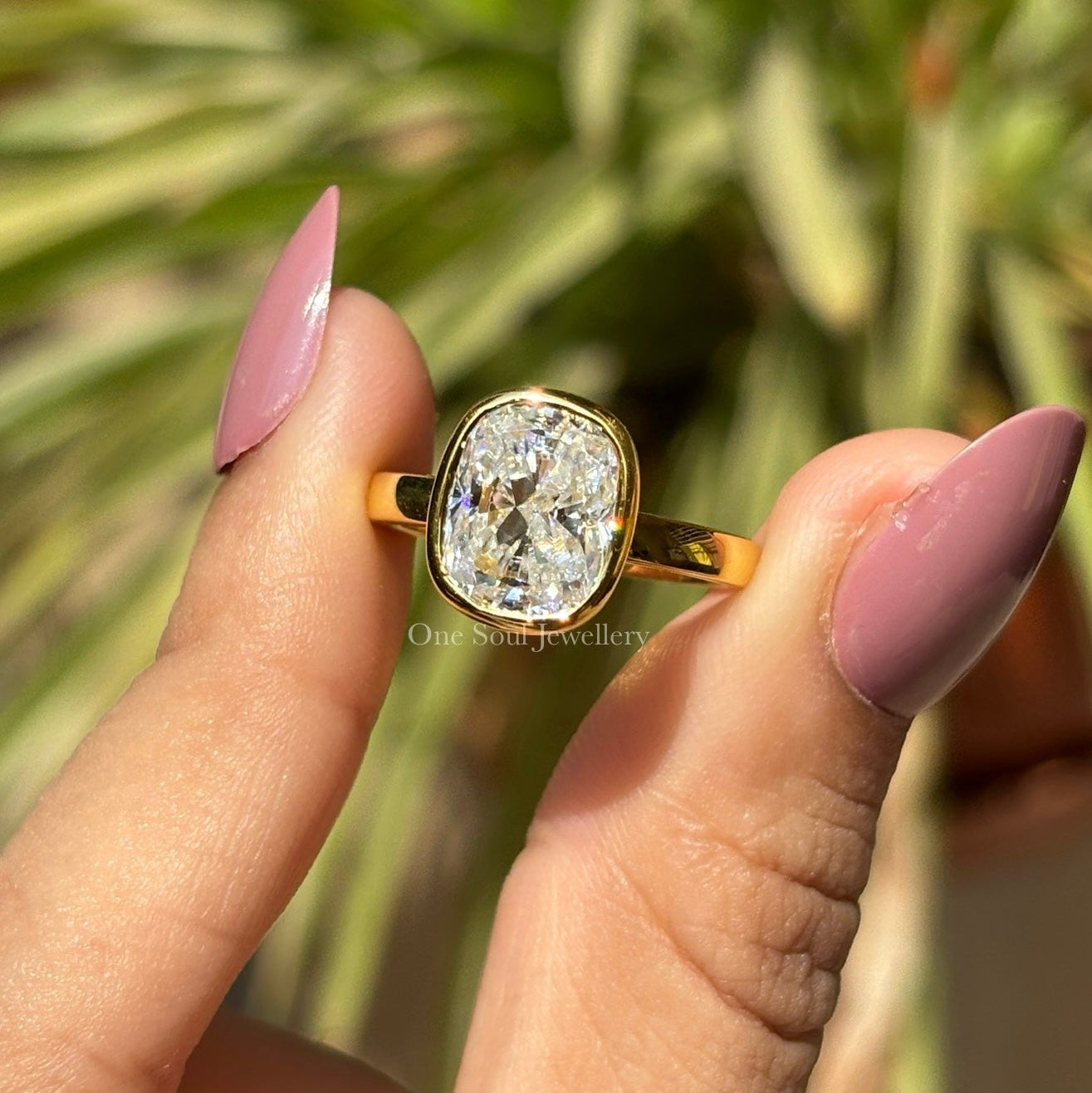 Bezel Set Cushion Moissanite Ring, 3.00 CT Colorless Cushion Engagement Ring, Yellow Gold Solitaire Ring, Proposal Ring, Anniversary Gifts