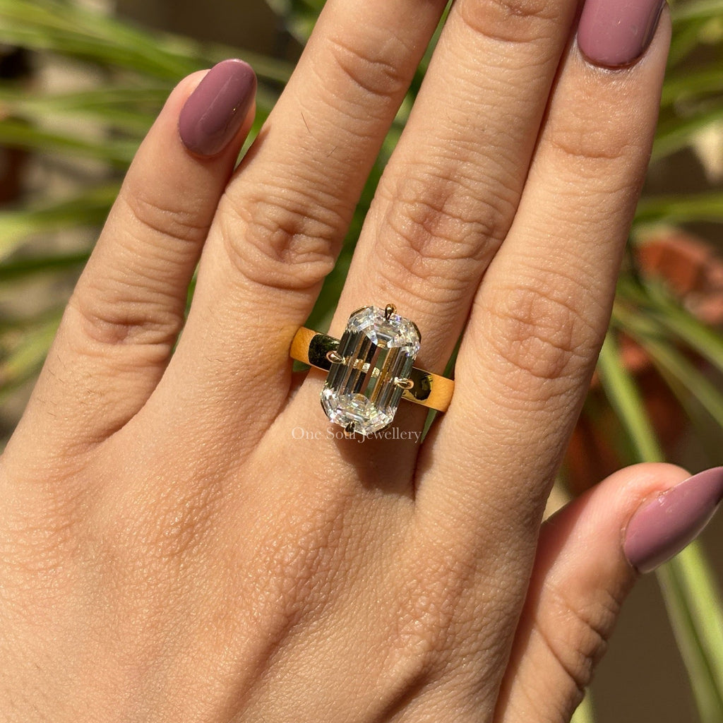 Old Mine Emerald Cut Moissanite Engagement Ring, 6.50 CT Krupp Cut Moissanite Ring, Thick Band Ring, Big Solitaire Celebrity Style Ring