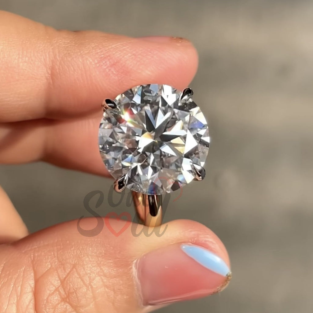 6 carat round brilliant moissanite solitaire engagement ring in 14K white gold with hidden halo and claw prong setting