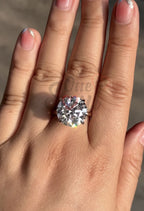 6 carat round brilliant moissanite solitaire engagement ring in 14K white gold with hidden halo and claw prong setting