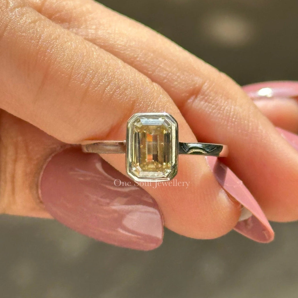 Bezel Set Emerald Moissanite Engagement Ring, 1.25 CT Yellow Emerald Moissanite Ring, Solitaire Wedding Ring, Proposal Ring Anniversary Gift