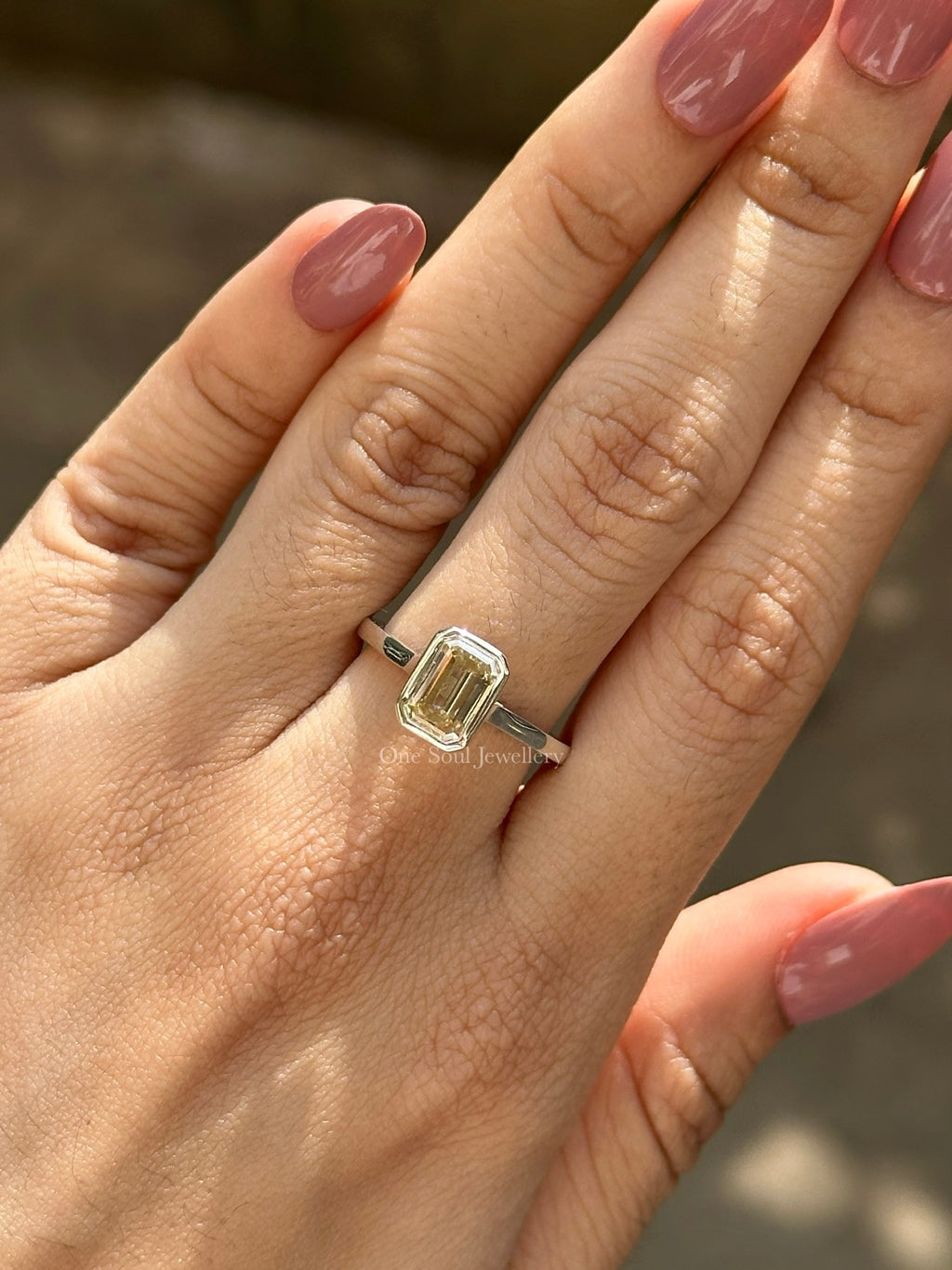 Bezel Set Emerald Moissanite Engagement Ring, Yellow Moissanite Wedding Ring, Solitaire Proposal Ring