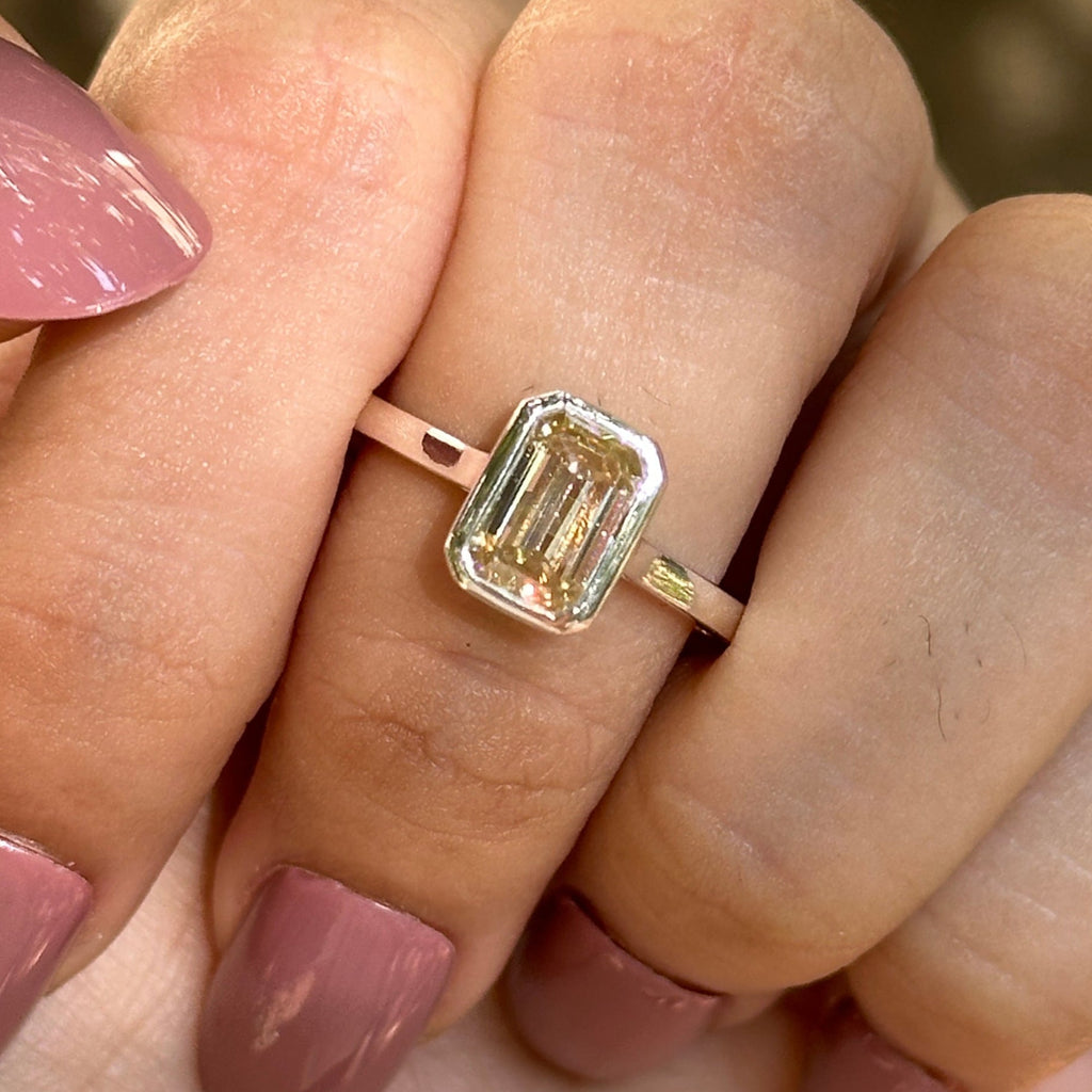 Bezel Set Emerald Moissanite Engagement Ring, 1.25 CT Yellow Emerald Moissanite Ring, Solitaire Wedding Ring, Proposal Ring Anniversary Gift