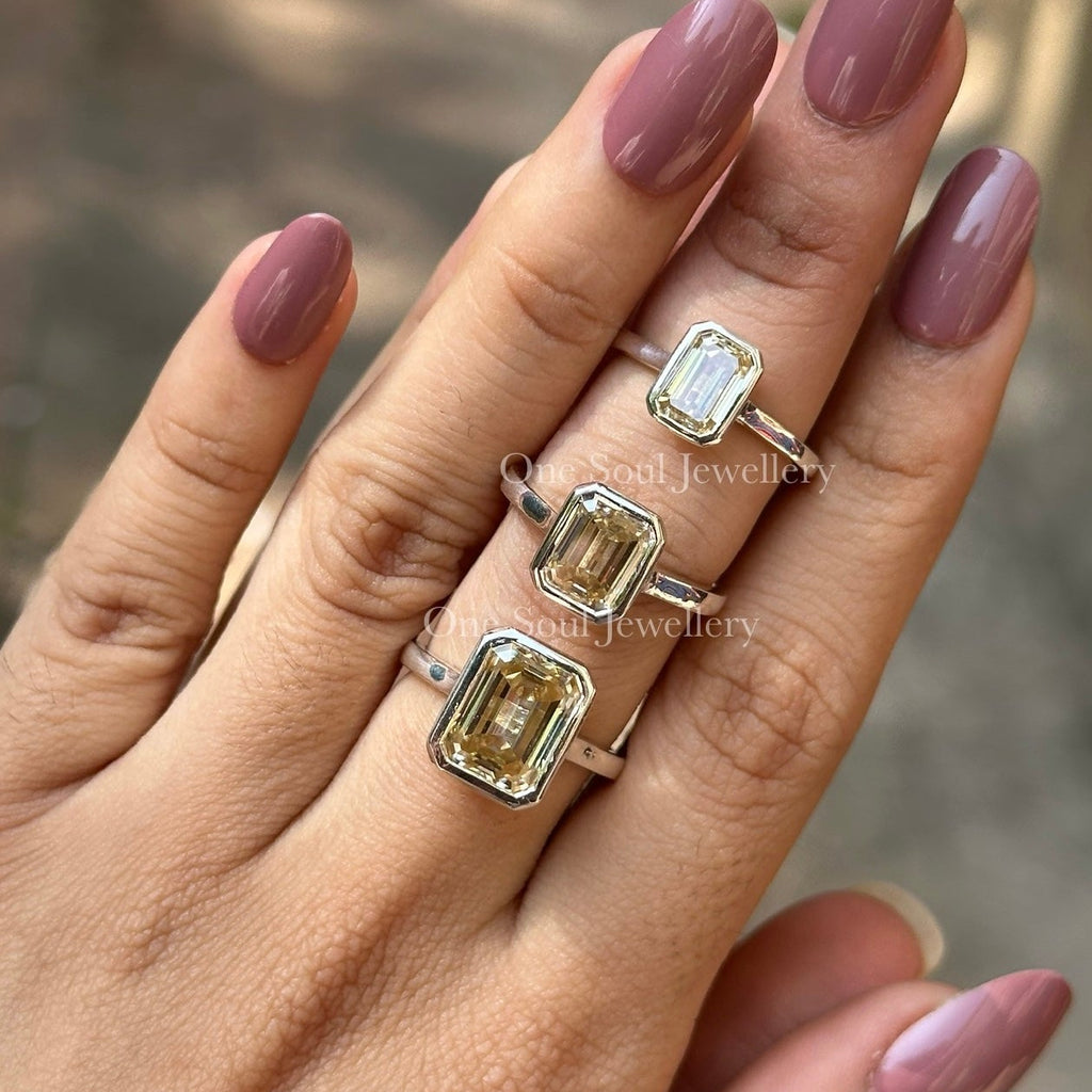 Canary Yellow Emerald Cut Moissanite Ring, Solitaire Engagement Ring, Bezel Set, Bridal Ring, Proposal Ring, Wedding Anniversary Gifts