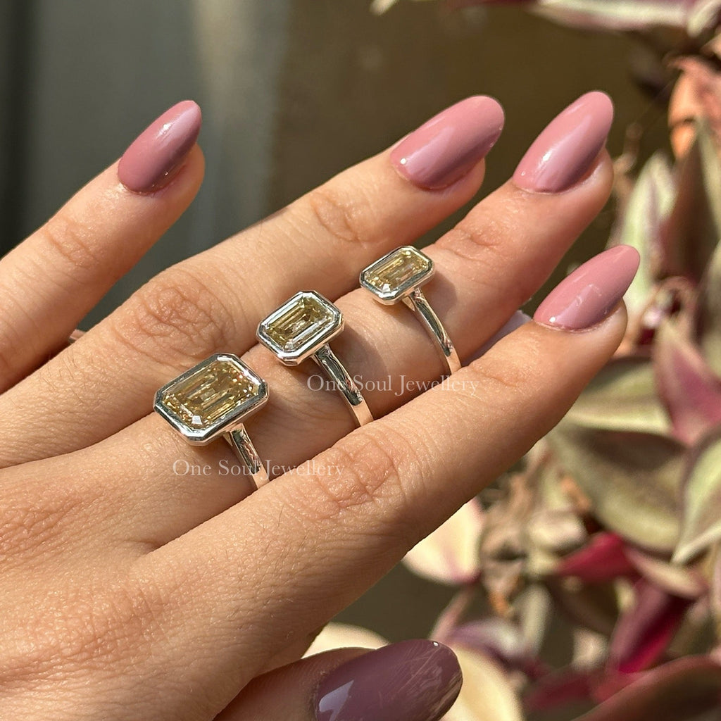 Canary Yellow Emerald Cut Moissanite Ring, Solitaire Engagement Ring, Bezel Set, Bridal Ring, Proposal Ring, Wedding Anniversary Gifts