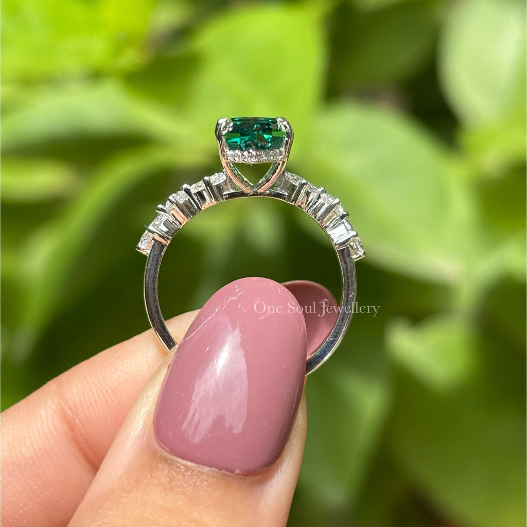 Dark Green Marquise Moissanite Engagement Ring, Claw Prongs, 10K/14K/18K Gold Wedding Ring, Accent Marquise Moissanite, Hidden Halo Ring