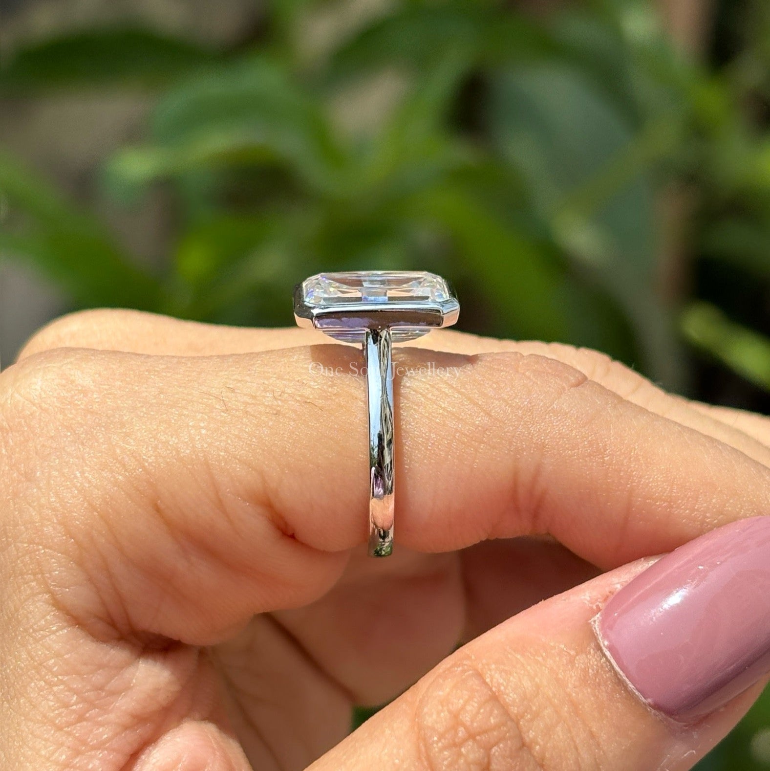 Colorless Criss Cut Moissanite Engagement Ring, Solitaire Proposal Ring, Bezel Set Wedding Ring, Bridal Ring, Cathedral Set White Gold Ring
