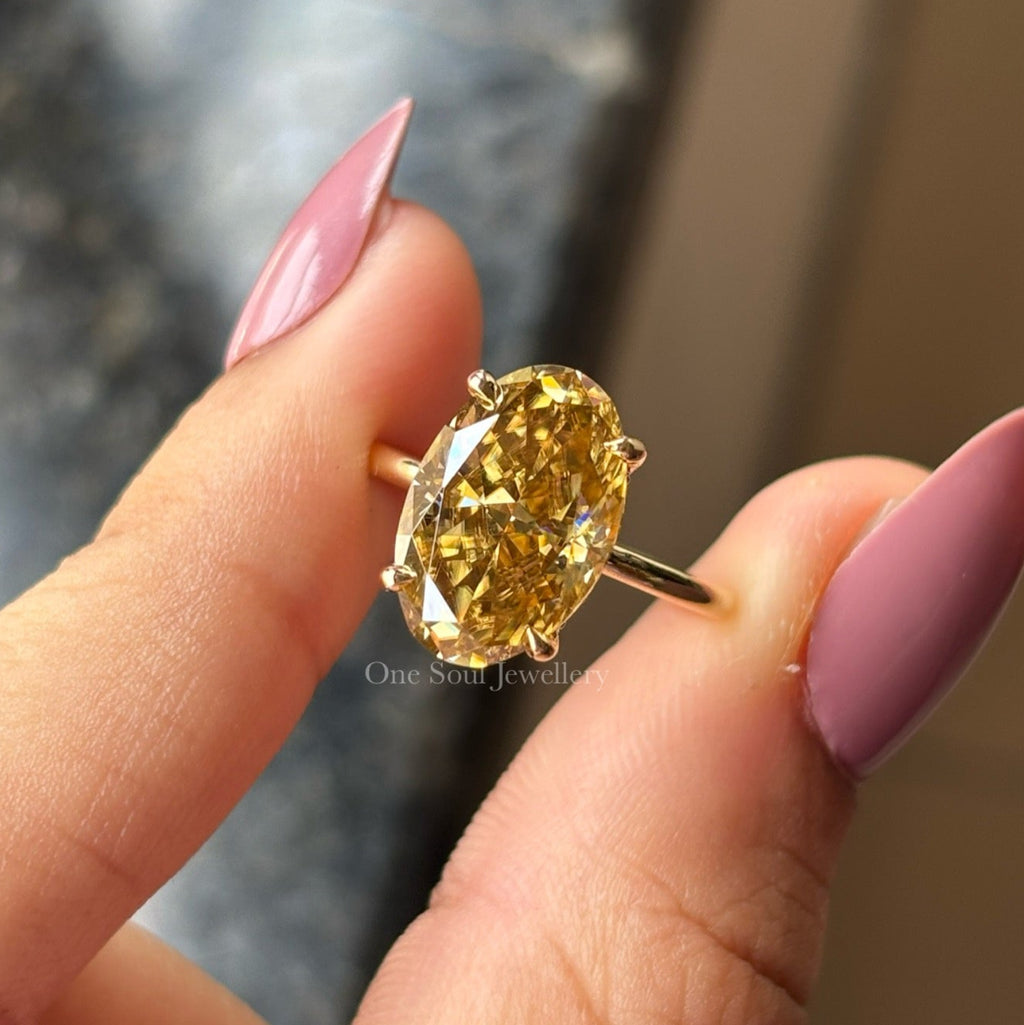 Oval Cut Yellow Moissanite Engagement Ring, Crushed Ice Oval Wedding Ring, Hidden Halo Ring, Oval Moissanite Solitaire Proposal Ring