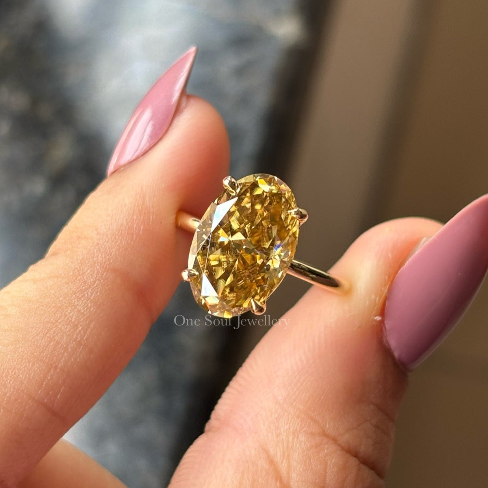Oval Cut Yellow Moissanite Engagement Ring, Crushed Ice Oval Wedding Ring, Hidden Halo Ring, Oval Moissanite Solitaire Proposal Ring