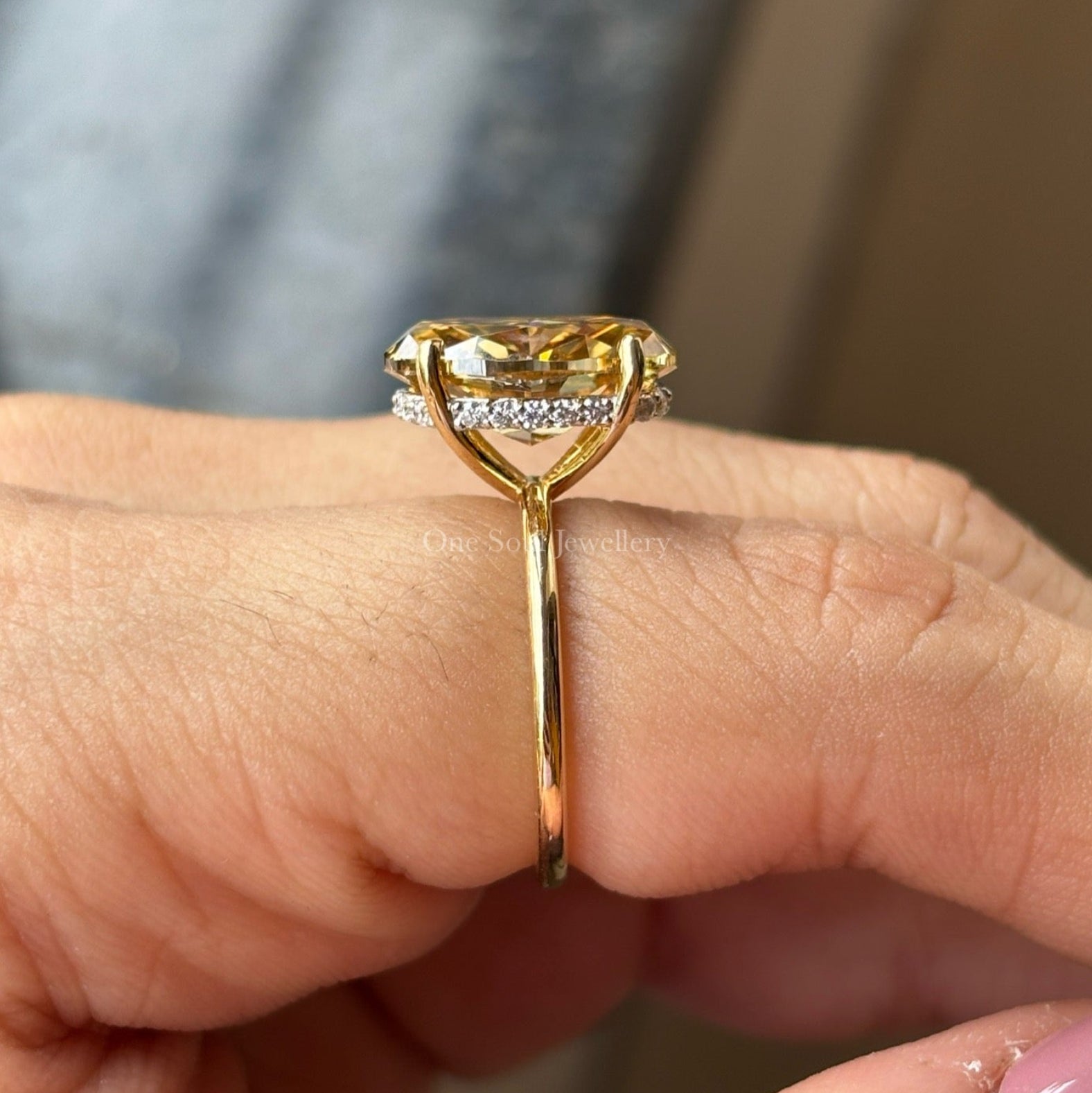 Oval Cut Yellow Moissanite Engagement Ring, Crushed Ice Oval Wedding Ring, Hidden Halo Ring, Oval Moissanite Solitaire Proposal Ring