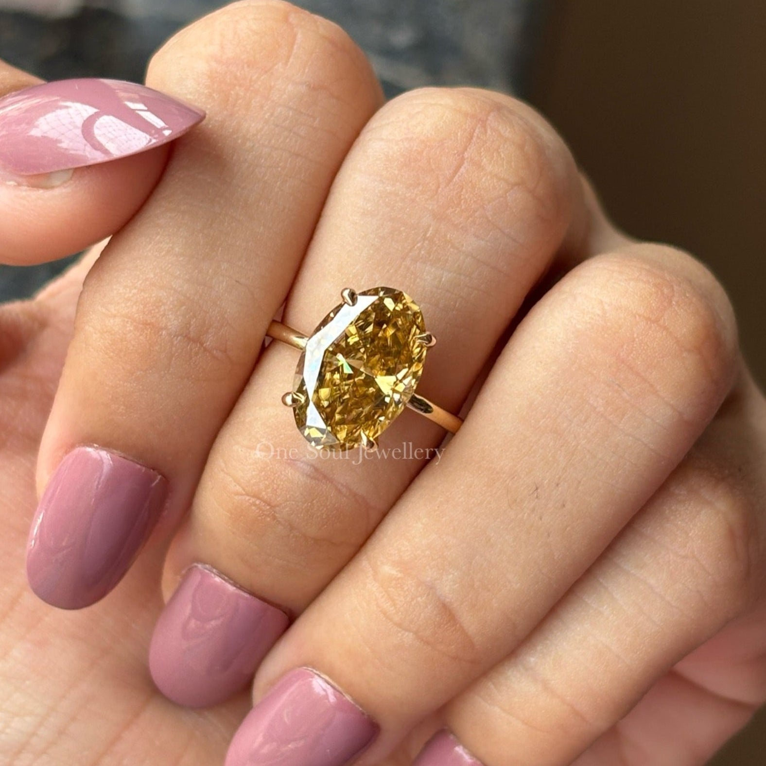 Oval Cut Yellow Moissanite Engagement Ring, Crushed Ice Oval Wedding Ring, Hidden Halo Ring, Oval Moissanite Solitaire Proposal Ring