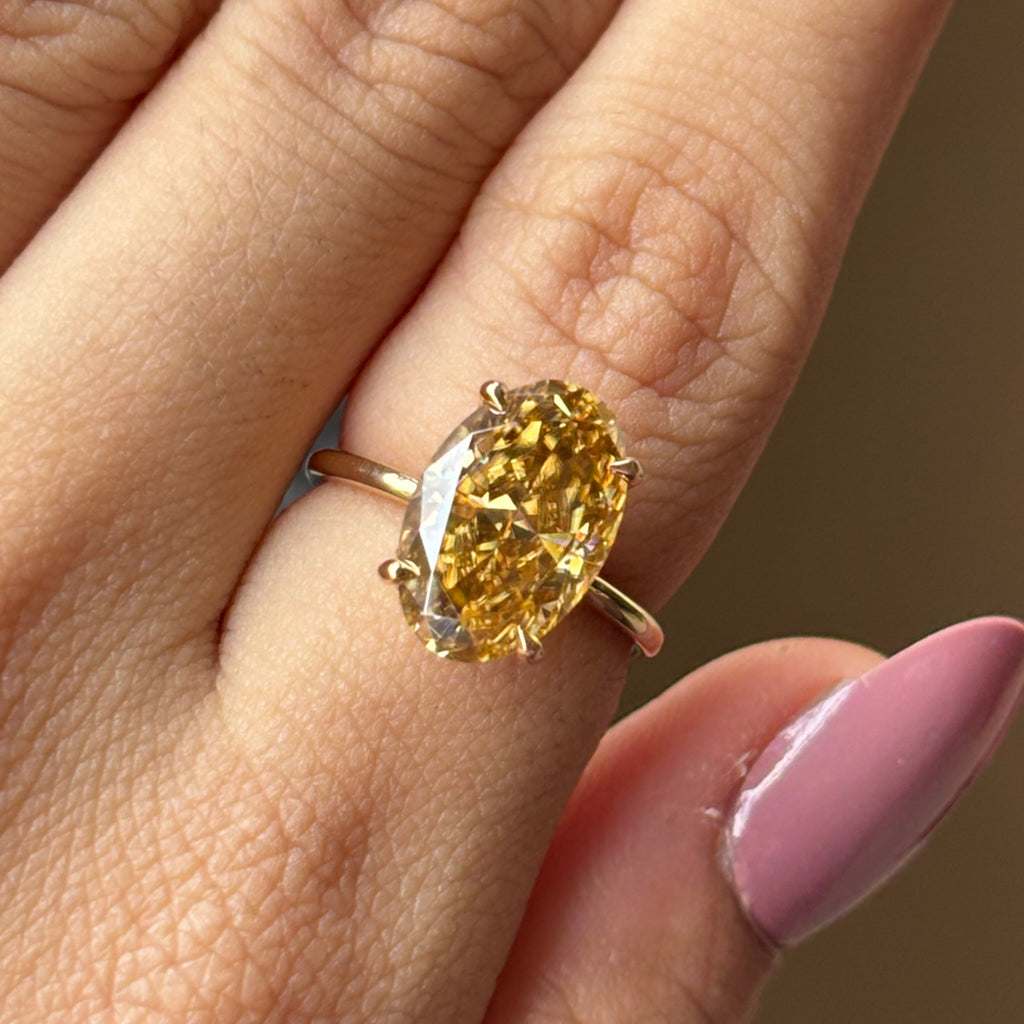 Oval Cut Yellow Moissanite Engagement Ring, Crushed Ice Oval Wedding Ring, Hidden Halo Ring, Oval Moissanite Solitaire Proposal Ring