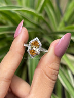 Dutch Marquise Champagne Moissanite Halo Engagement Ring, Cathedral Set Pave Band, Solitaire Proposal Ring