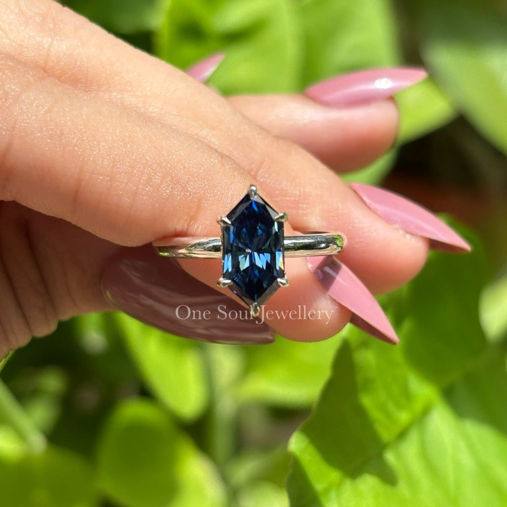 Dutch Marquise Dark Blue Moissanite Engagement Ring, Hidden Halo Solitaire Ring, Vintage Wedding Ring, Anniversary Gift, Promise Ring