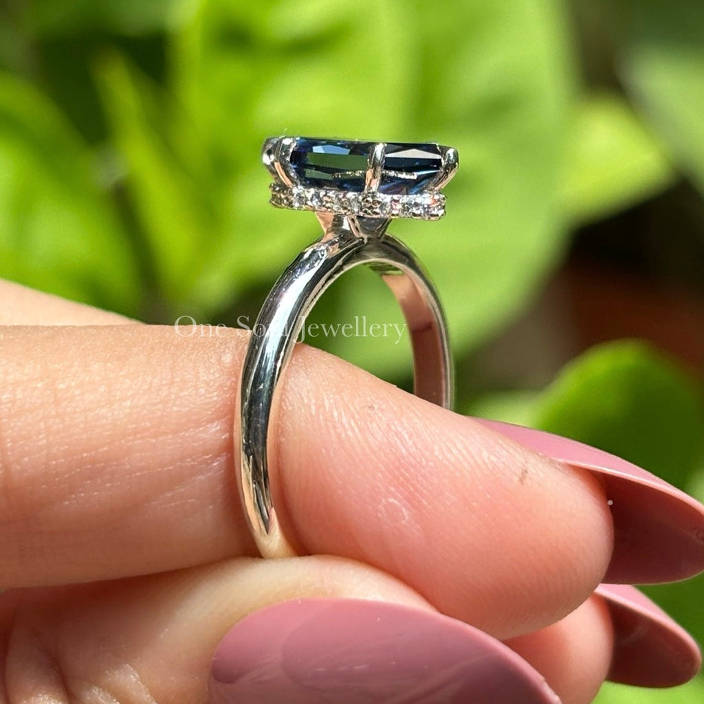 Dutch Marquise Dark Blue Moissanite Engagement Ring, Hidden Halo Solitaire Ring, Vintage Wedding Ring, Anniversary Gift, Promise Ring
