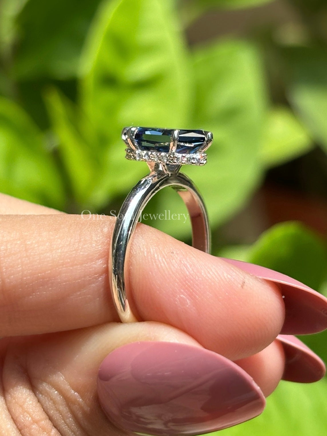 Dutch Marquise Dark Blue Moissanite Engagement Ring, Hidden Halo Solitaire Ring, Vintage Wedding Ring, Anniversary Gift, Promise Ring