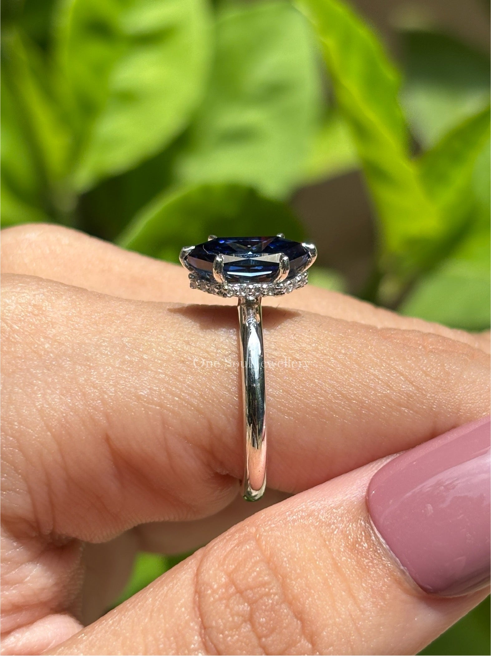 Dutch Marquise Dark Blue Moissanite Engagement Ring, Hidden Halo Solitaire Ring, Vintage Wedding Ring, Anniversary Gift, Promise Ring