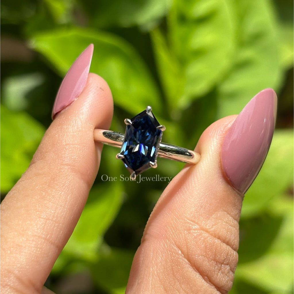 Dutch Marquise Dark Blue Moissanite Engagement Ring, Hidden Halo Solitaire Ring, Vintage Wedding Ring, Anniversary Gift, Promise Ring