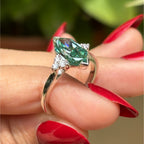 2.00 CT Blue Green Dutch Marquise Moissanite Engagement Ring, Round Moissanite Accent Wedding Ring, V Prong, Proposal Ring, Ring for Women