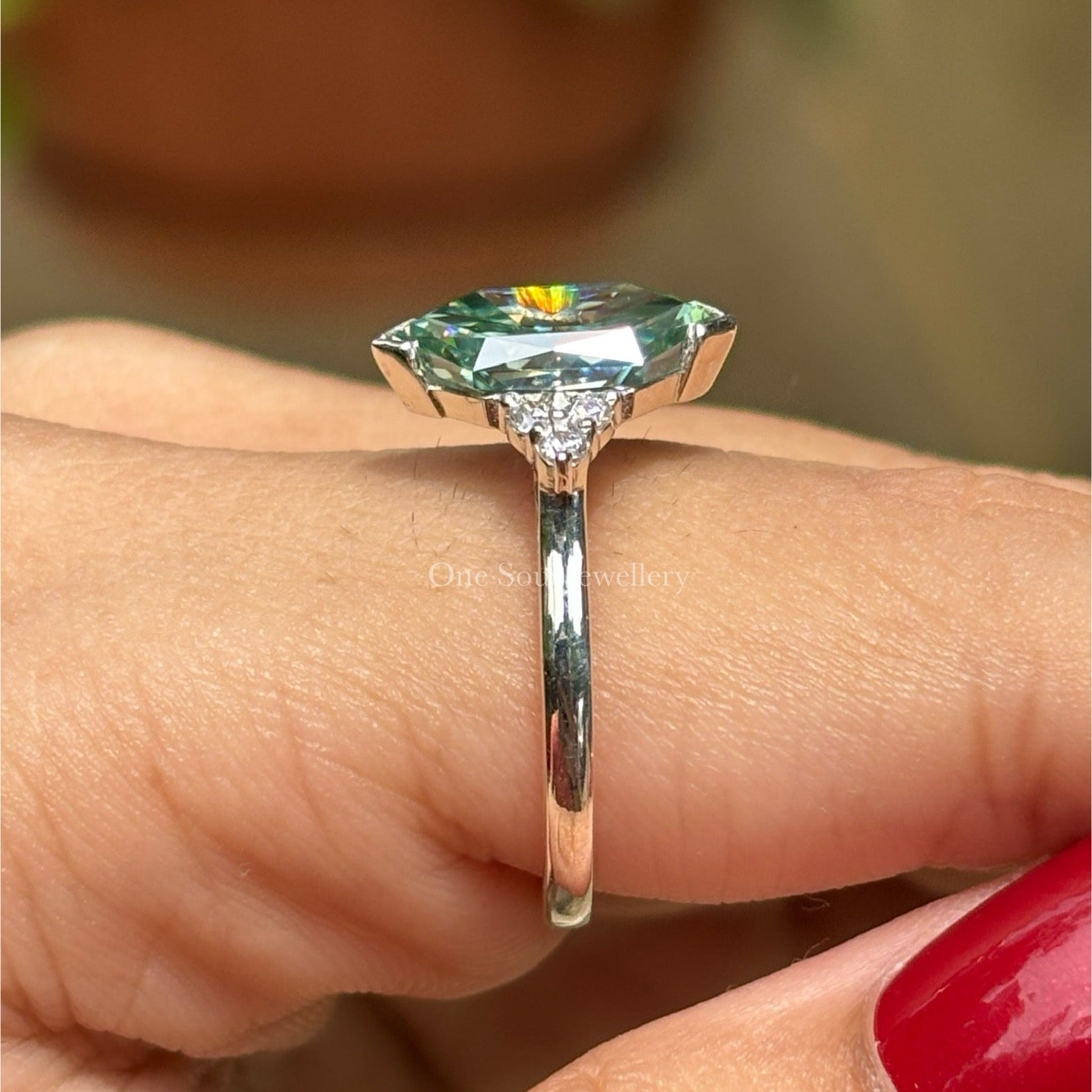 2.00 CT Blue Green Dutch Marquise Moissanite Engagement Ring, Round Moissanite Accent Wedding Ring, V Prong, Proposal Ring, Ring for Women