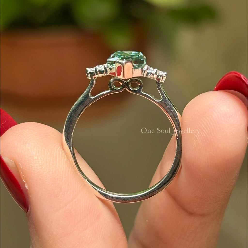 2.00 CT Blue Green Dutch Marquise Moissanite Engagement Ring, Round Moissanite Accent Wedding Ring, V Prong, Proposal Ring, Ring for Women