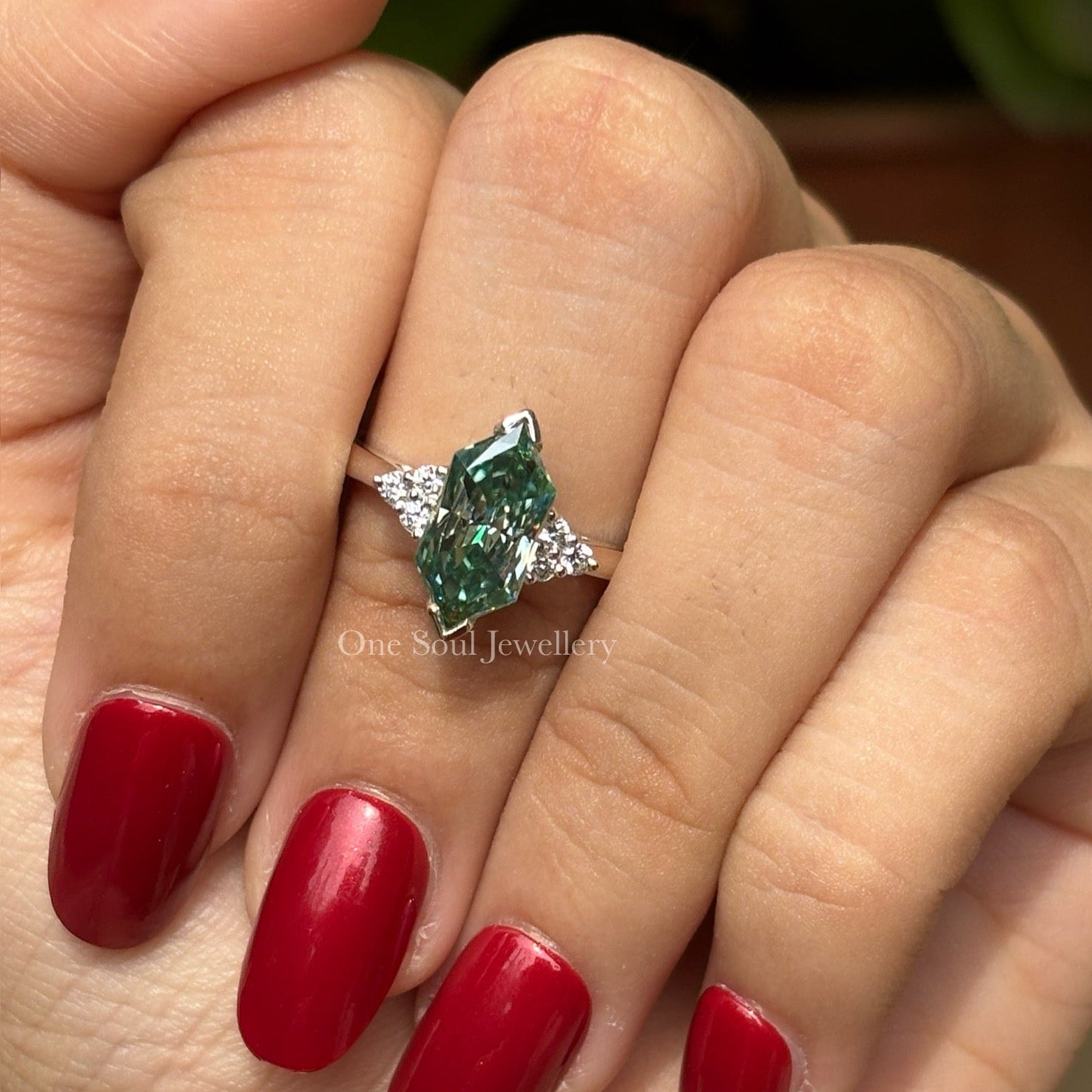 2.00 CT Blue Green Dutch Marquise Moissanite Engagement Ring, Round Moissanite Accent Wedding Ring, V Prong, Proposal Ring, Ring for Women
