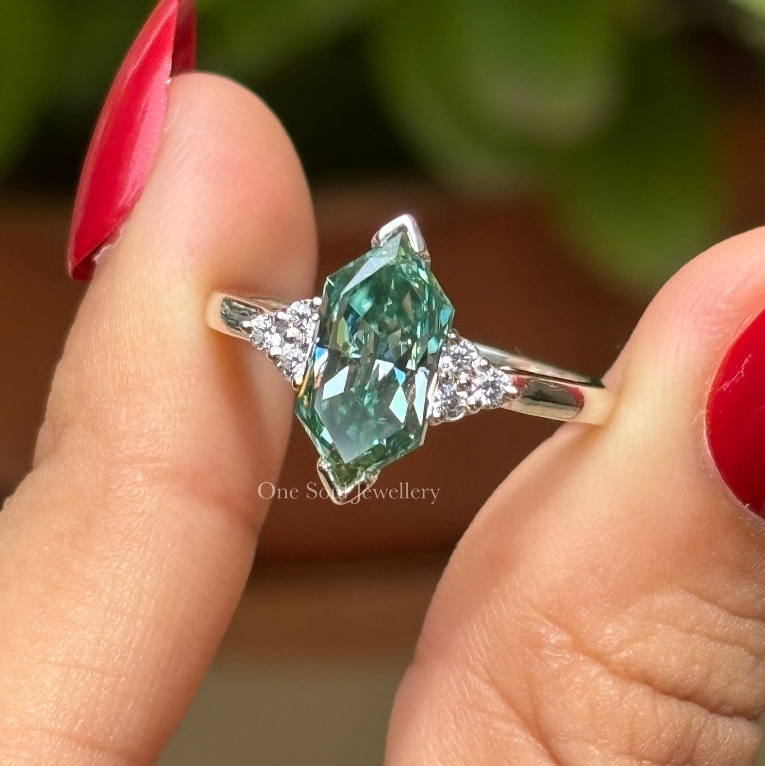 2.00 CT Blue Green Dutch Marquise Moissanite Engagement Ring, Round Moissanite Accent Wedding Ring, V Prong, Proposal Ring, Ring for Women