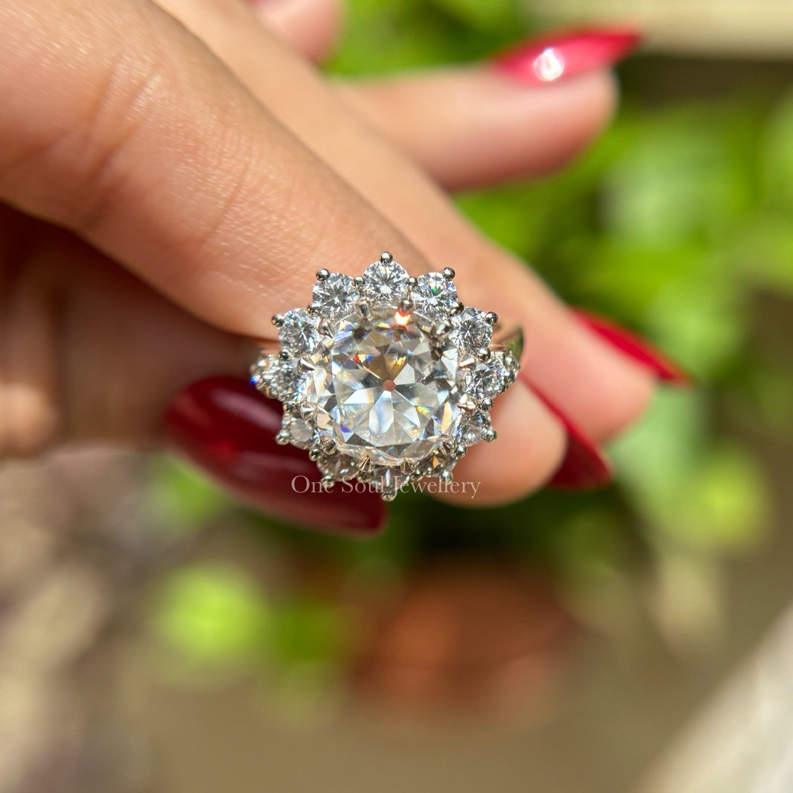 3.75 CTW Colorless Old Cut Round Moissanite Engagement Ring, Vintage Halo Wedding Ring, Floral Halo Ring, Rings for Women, Anniversary Gift