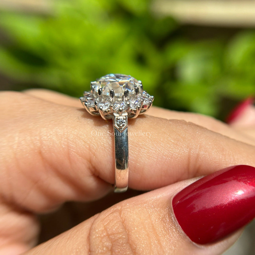 3.75 CTW Colorless Old Cut Round Moissanite Engagement Ring, Vintage Halo Wedding Ring, Floral Halo Ring, Rings for Women, Anniversary Gift