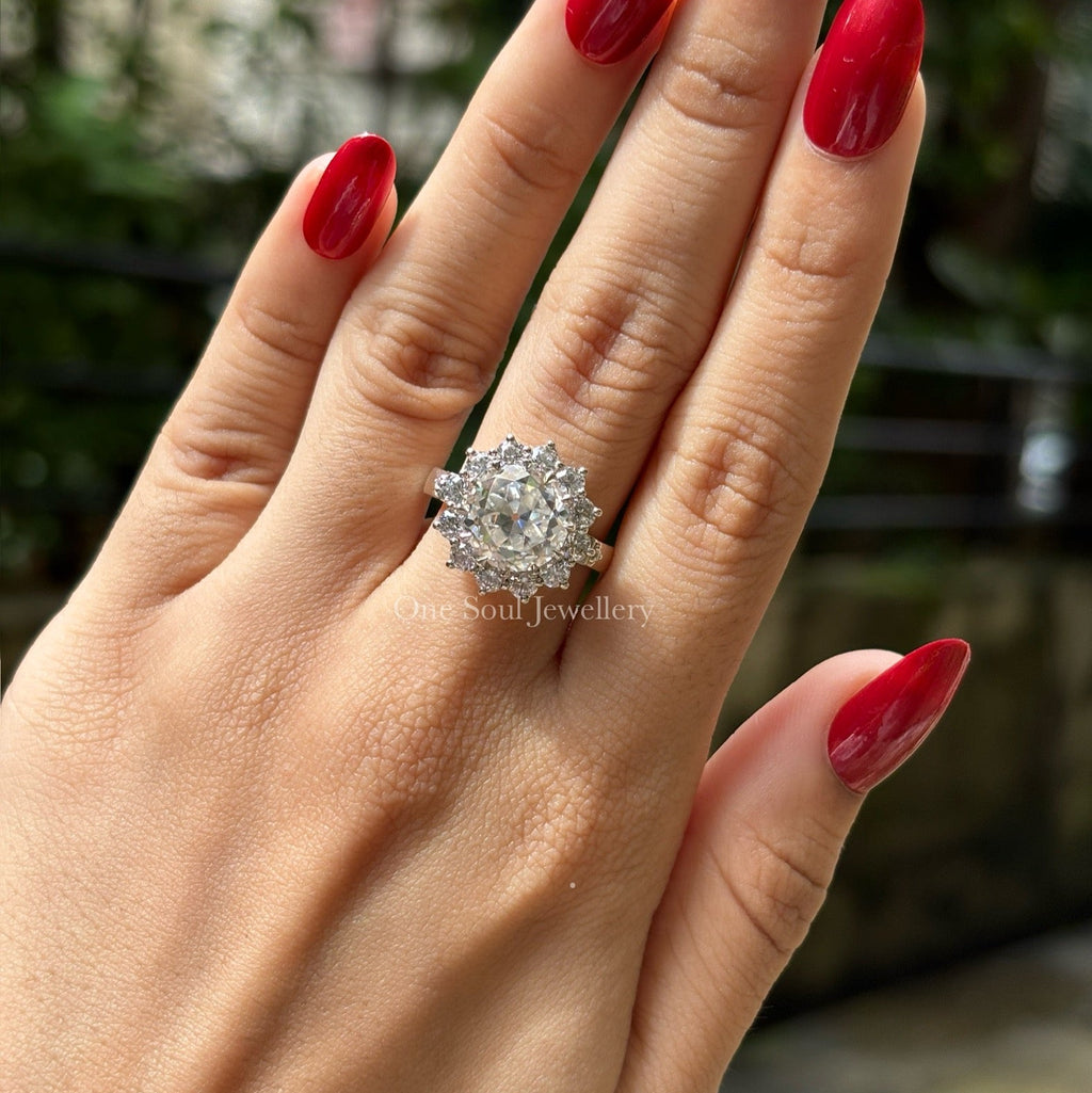 3.75 CTW Colorless Old Cut Round Moissanite Engagement Ring, Vintage Halo Wedding Ring, Floral Halo Ring, Rings for Women, Anniversary Gift