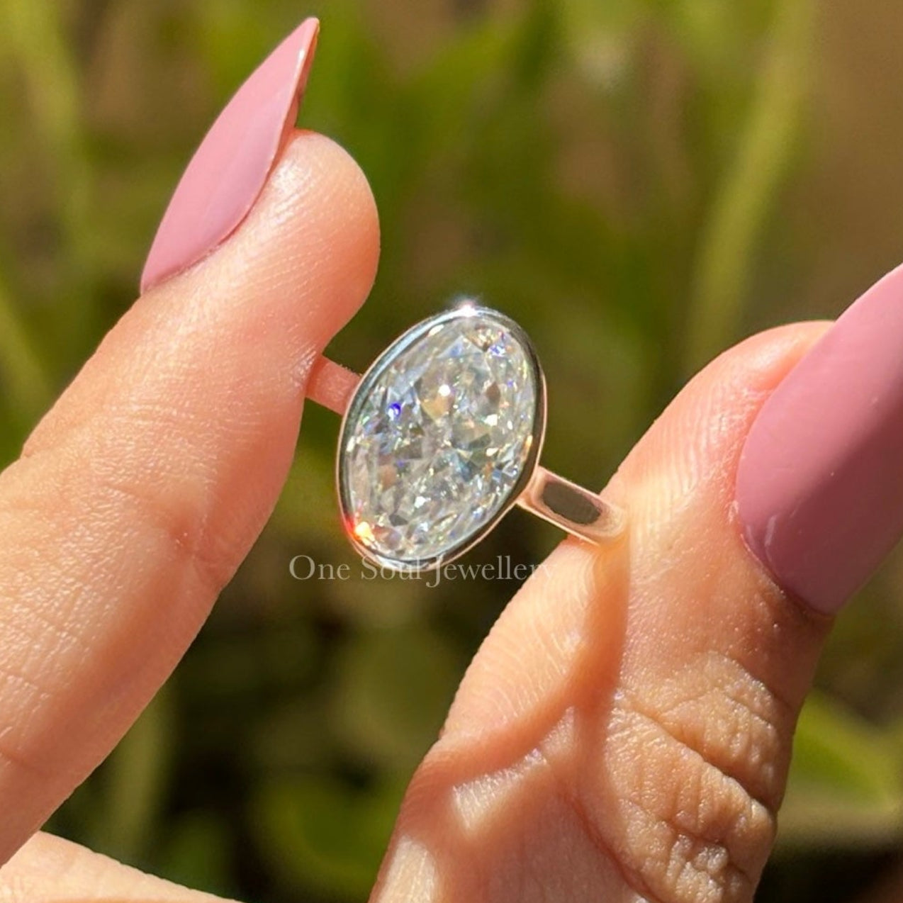Bezel Set Oval Cut Moissanite Engagement Ring, Ice Crushed Oval Diamond Wedding Ring, Solitaire Proposal Ring, Cathedral Set, Gift for Her