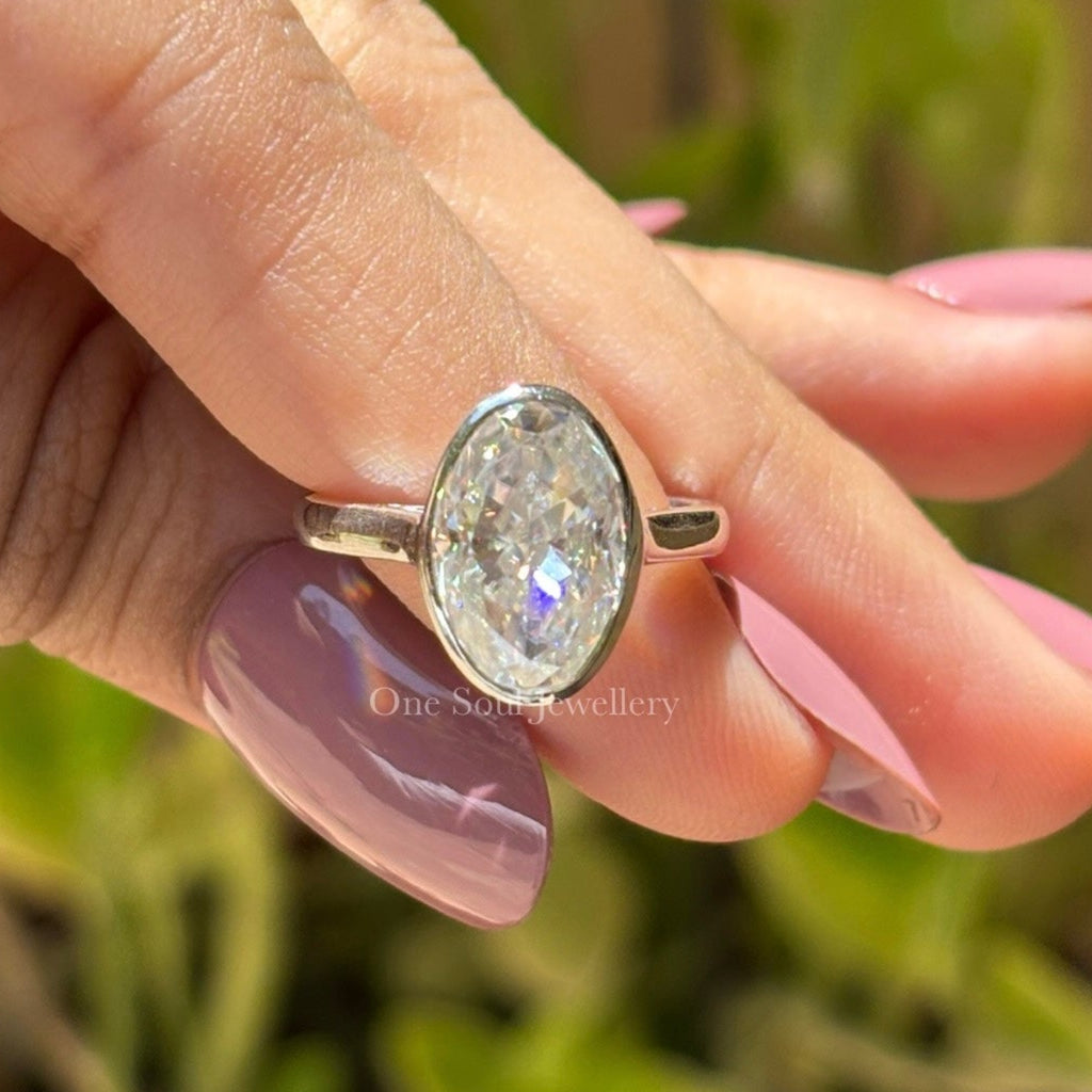 Bezel Set Oval Cut Moissanite Engagement Ring, Ice Crushed Oval Diamond Wedding Ring, Solitaire Proposal Ring, Cathedral Set, Gift for Her