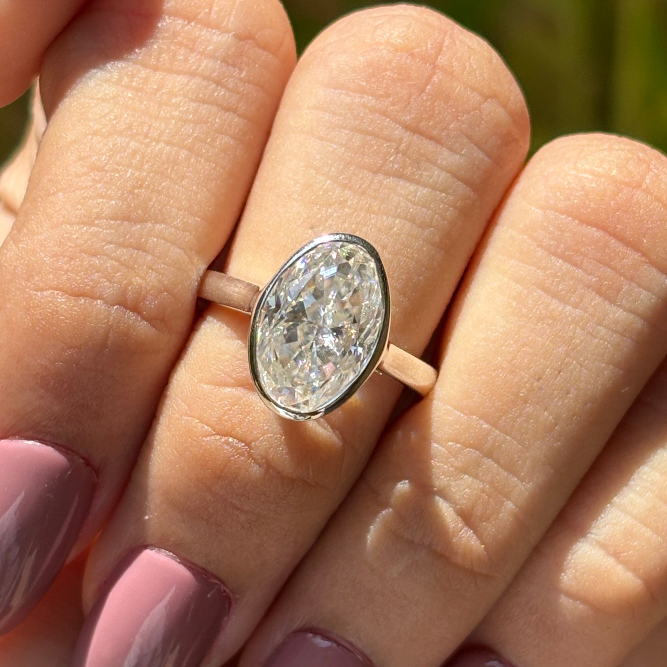 Bezel Set Oval Cut Moissanite Engagement Ring, Ice Crushed Oval Diamond Wedding Ring, Solitaire Proposal Ring, Cathedral Set, Gift for Her