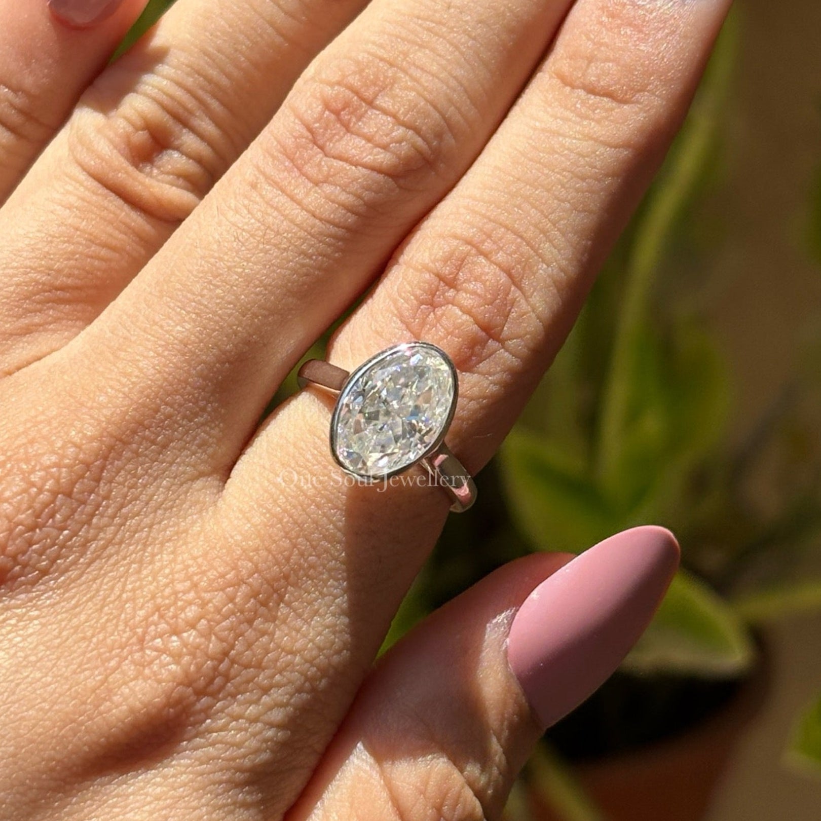 Bezel Set Oval Cut Moissanite Engagement Ring, Ice Crushed Oval Diamond Wedding Ring, Solitaire Proposal Ring, Cathedral Set, Gift for Her
